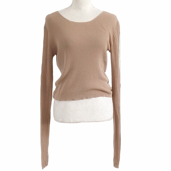 T ALEXANDER WANG BROWN TAN SCOOP NECK RIBBED LONG SLEEVE TEE TOP - 38 - Picture 1 of 9